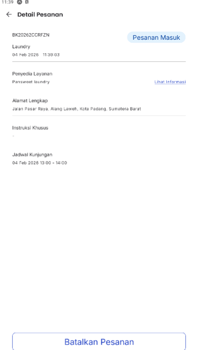 Halaman detail pesanan berjalan dan riwayat