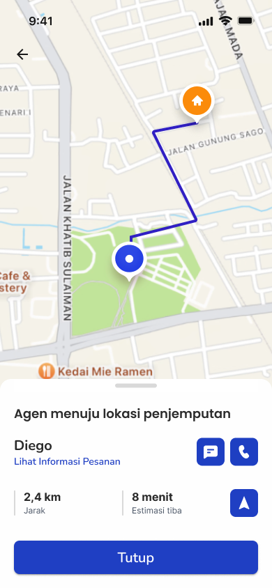 Peta SiMahir yang menampilkan rute agen, jarak, perkiraan waktu tiba, serta tombol chat dan telepon