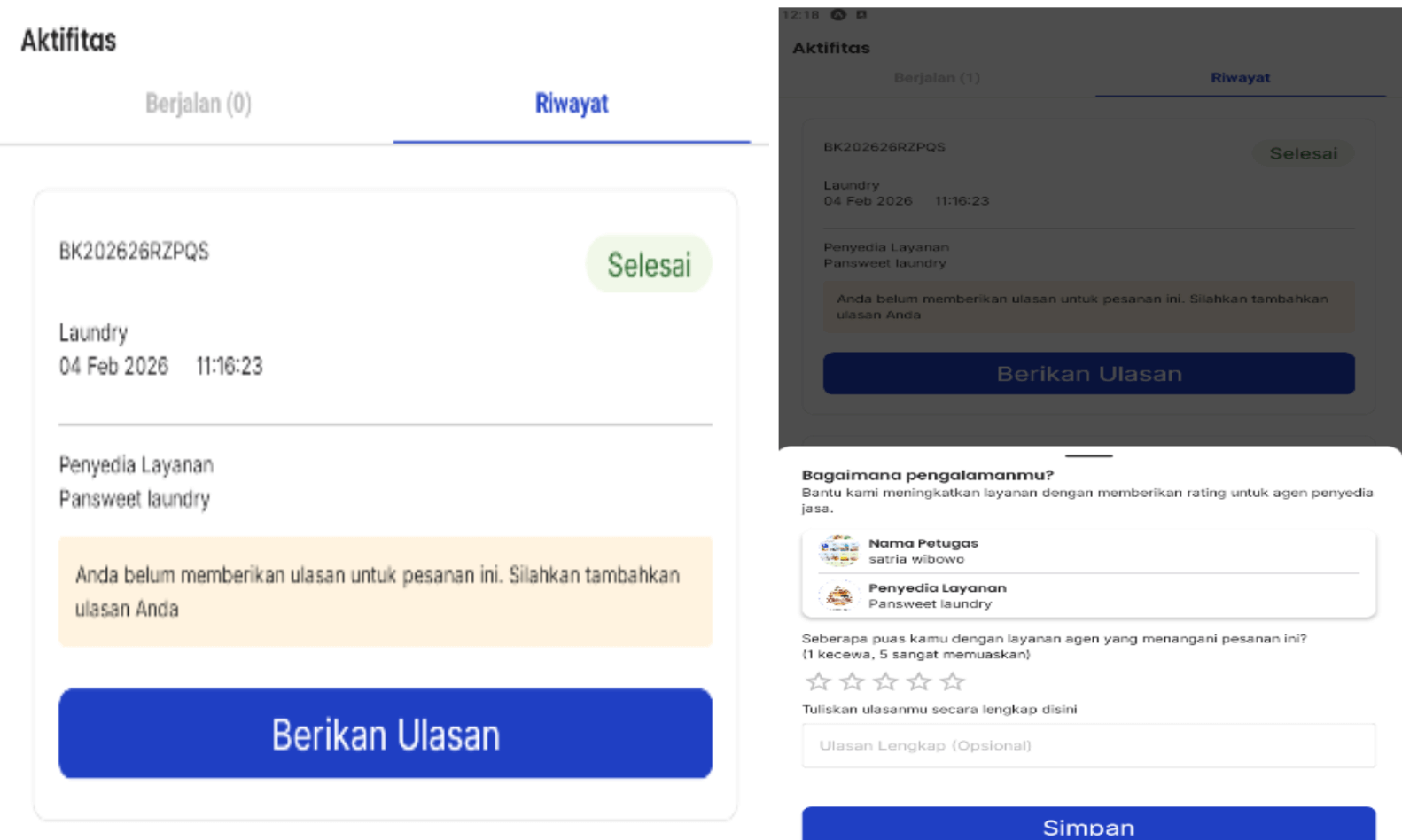 Halaman riwayat status selesai