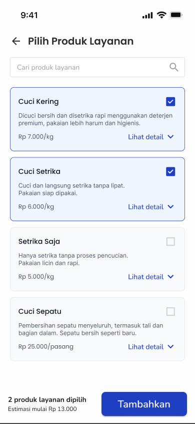 Pilihan layanan laundry SiMahir dengan produk, harga, dan pilihan layanan terpilih