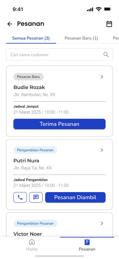 Aplikasi SiMahir Mitra yang menampilkan daftar pesanan pelanggan dan jadwal