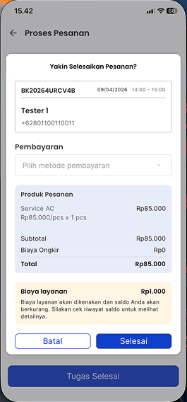 Dialog Selesaikan Pesanan + Detail Riwayat
