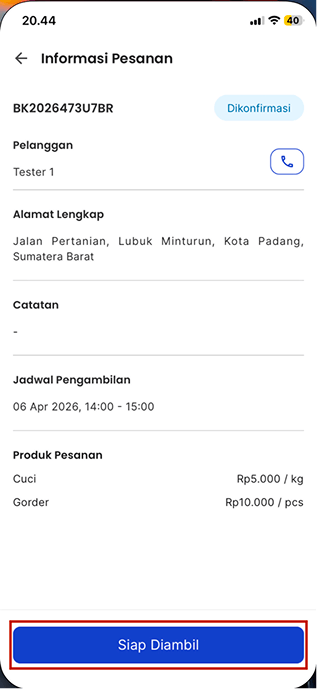 Detail Pesanan dan Tombol Siap Diambil