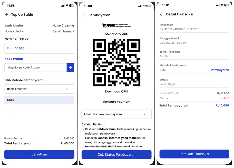 Tampilan Top Up, Pembayaran dan Detail Transaksi