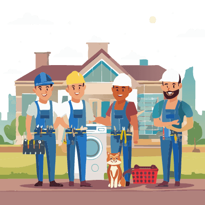 Profesional service providers with tools in front of a house